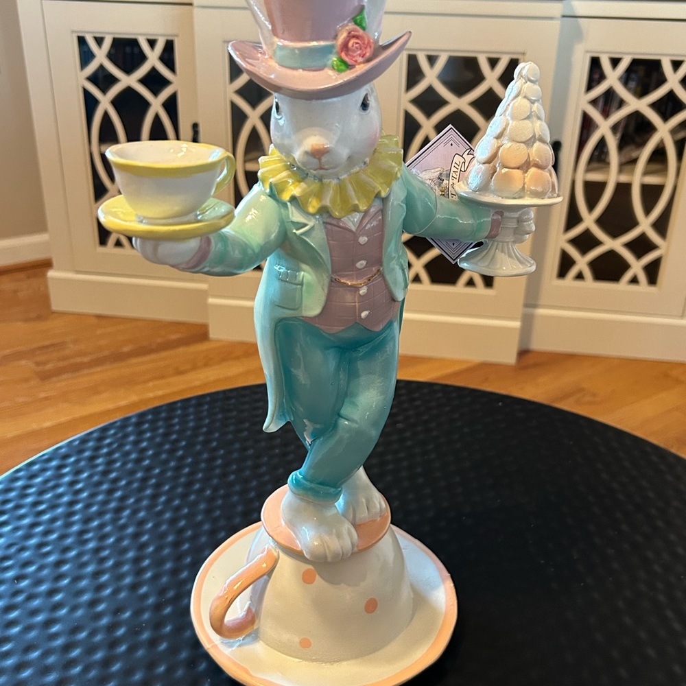 Top Hat & Tail Mad Hatter Easter Bunny 16” Figure Macaroon Tree and Tea Cups